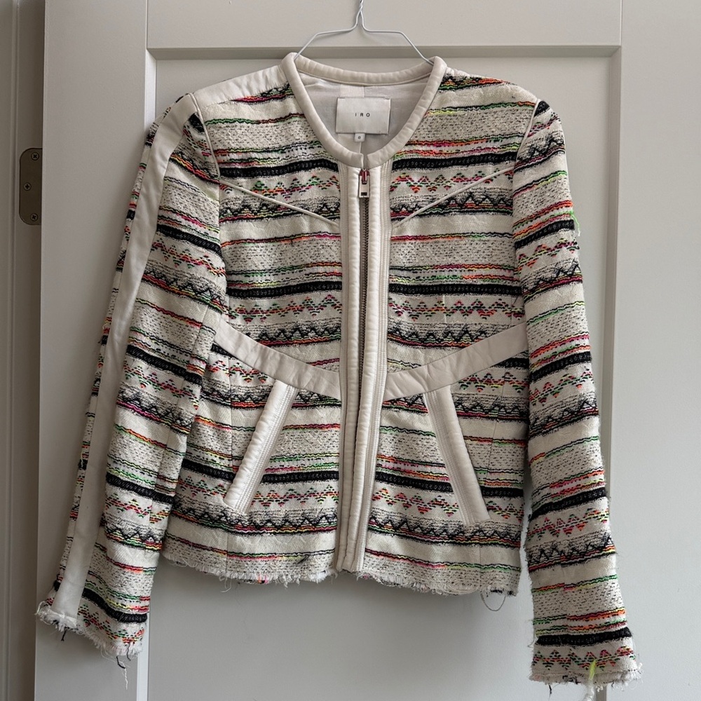 IRO Cream Tweed Zip-Front Jacket with Multicolor Stripes